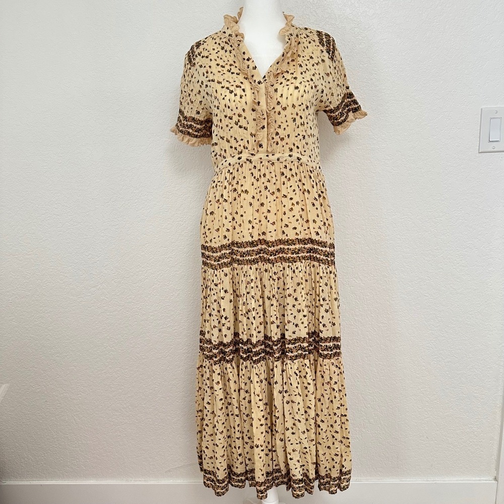 Free People Maxi Dress Women XS Cream Floral‎ Ruffle Tiered Pintuck Boho